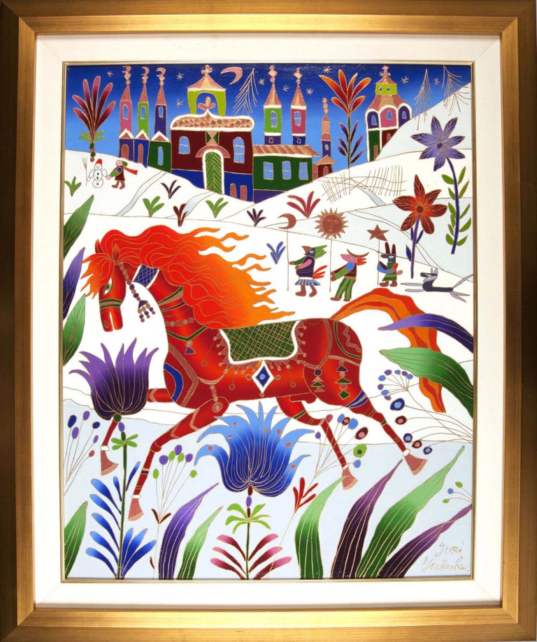 Item #3239 Red Horse In Winter [ORIGINAL OIL PAINTING, FRAMED]. Yuri Gorbachev.