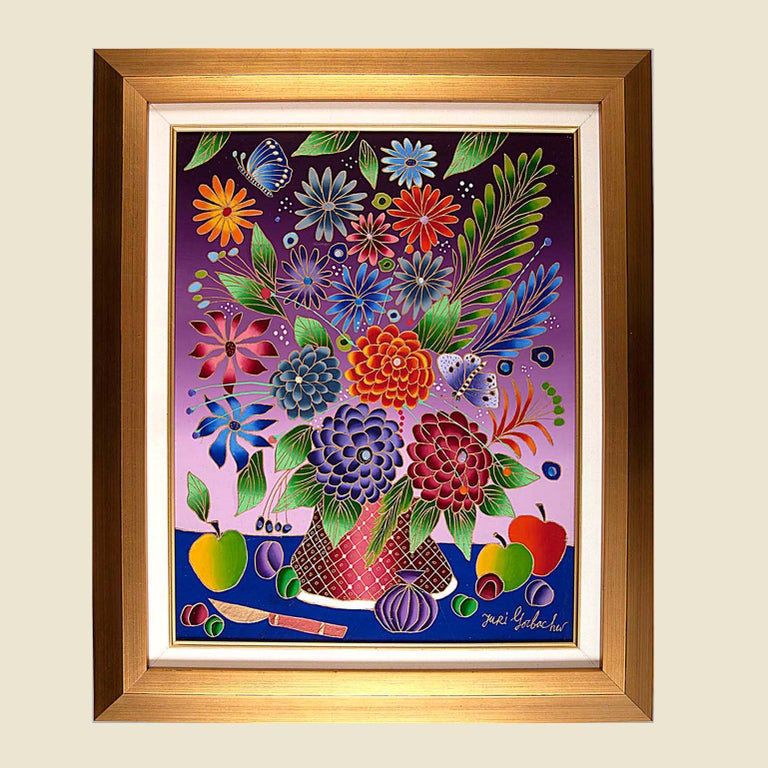 Item #4112 Still Life with Flowers and Blue Butterfly [ORIGINAL OIL PAINTING, FRAMED]. Yuri Gorbachev.