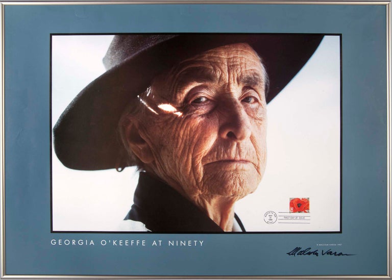 Item #4469 Georgia O'Keeffe at Ninety: Signed poster with original First Day Issue Stamp. Malcolm Varon.